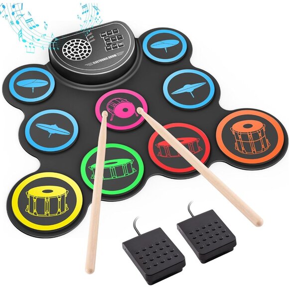Electronic Drum Set 9-Drum Practice Pad with Headphone Jack Roll-up Drum Kit M